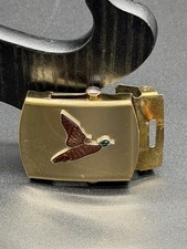 Vintage Duck Belt Buckle Enamel Mallard Flying Made USA Hunting Brass Tone Rare