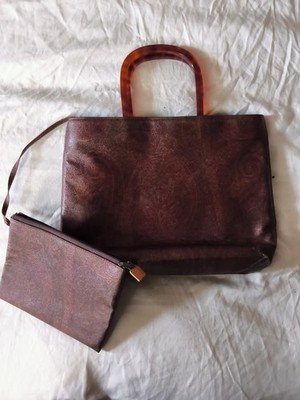 Etro Brown Paisley Tote Handbag Top Handle Tortoiseshell Accent Coin Purse