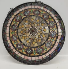 Tiffany Style Stained Glass Window Panel 21” Round Nature Colors And Neutrals
