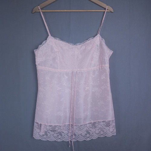 Express Babydoll Silk Lace Trim Cami Top Pastel Pink Woven Floral Pattern Sz Med - Picture 3 of 21