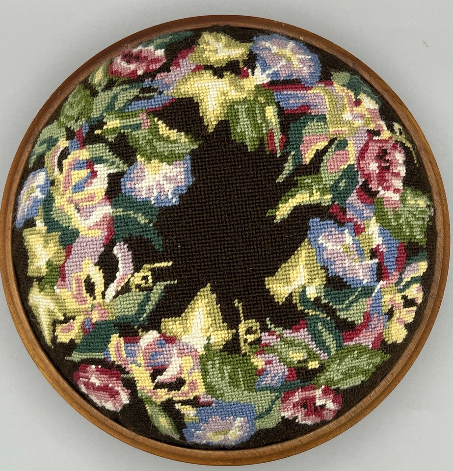 Vintage Wooden Foot Stool Round Embroidered Floral 26cm 10” Diameter - Image 2 of 4