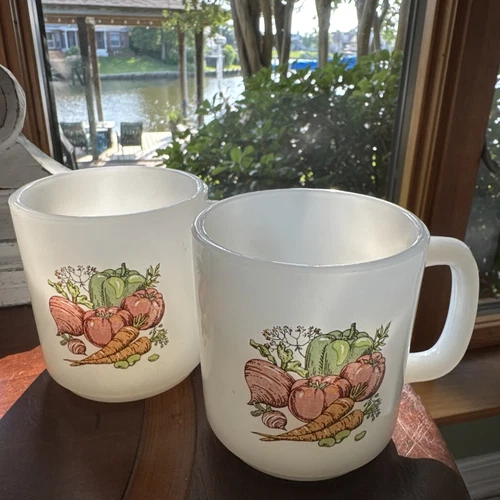 Glasbake Milk Glass Coffee Mugs Garden Harvest Set Of 2 vintage