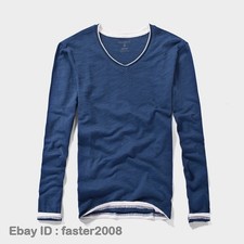 Hot Mens Long-Sleeved T-Shirts New Cotton V-Neck Solid Color Casual Slim Tops