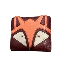 Fossil Fox Face Mini Bifold Wallet Maroon Leather ZipperCoin Pocket