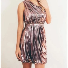 Phoebe Couture Purple Metallic One Shoulder Ruched Mini Dress Grecian Cosmic 6