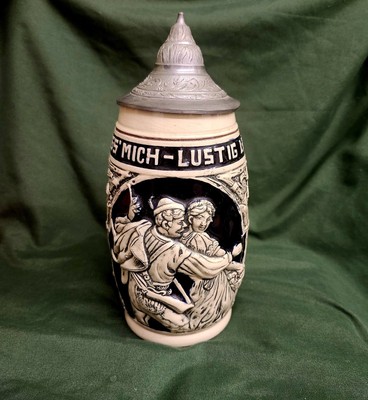  Vintage GERMAN COUPLE KING-WERKE GERMAN Cobalt BARREL  BEER STEIN w/Lid 9'' TALL