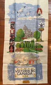 Vintage Kitchen Linen Tea Towel Canada Victoria BC Landmarks Totem Pole Gardens