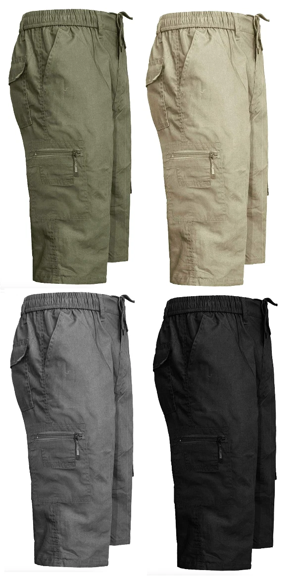 Mens 3/4 Long Length Shorts Elasticated Waist Cargo Combat Three Quarter Pants