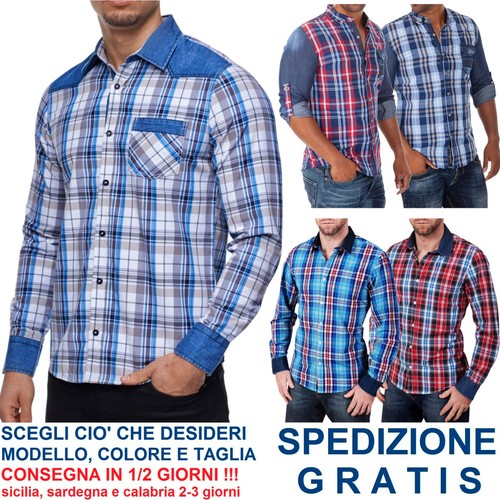 Camicia a Quadri Uomo Manica Lunga Cotone con Inserti in Jeans Avvitata  Scozzese | eBay