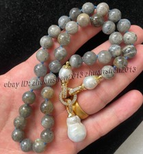 Natural 10mm Round Labradorite Gemstone White Baroque Pearl Pendant Necklace 18