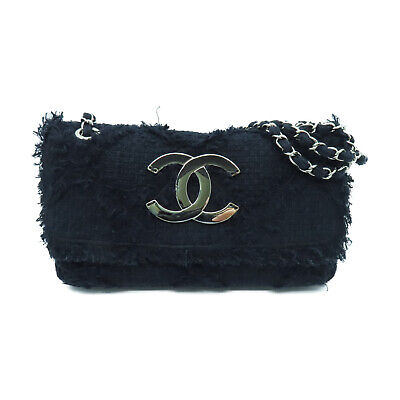 Chanel Quilted CC SHW Chain Shoulder Bag Handbag Tweed Navy