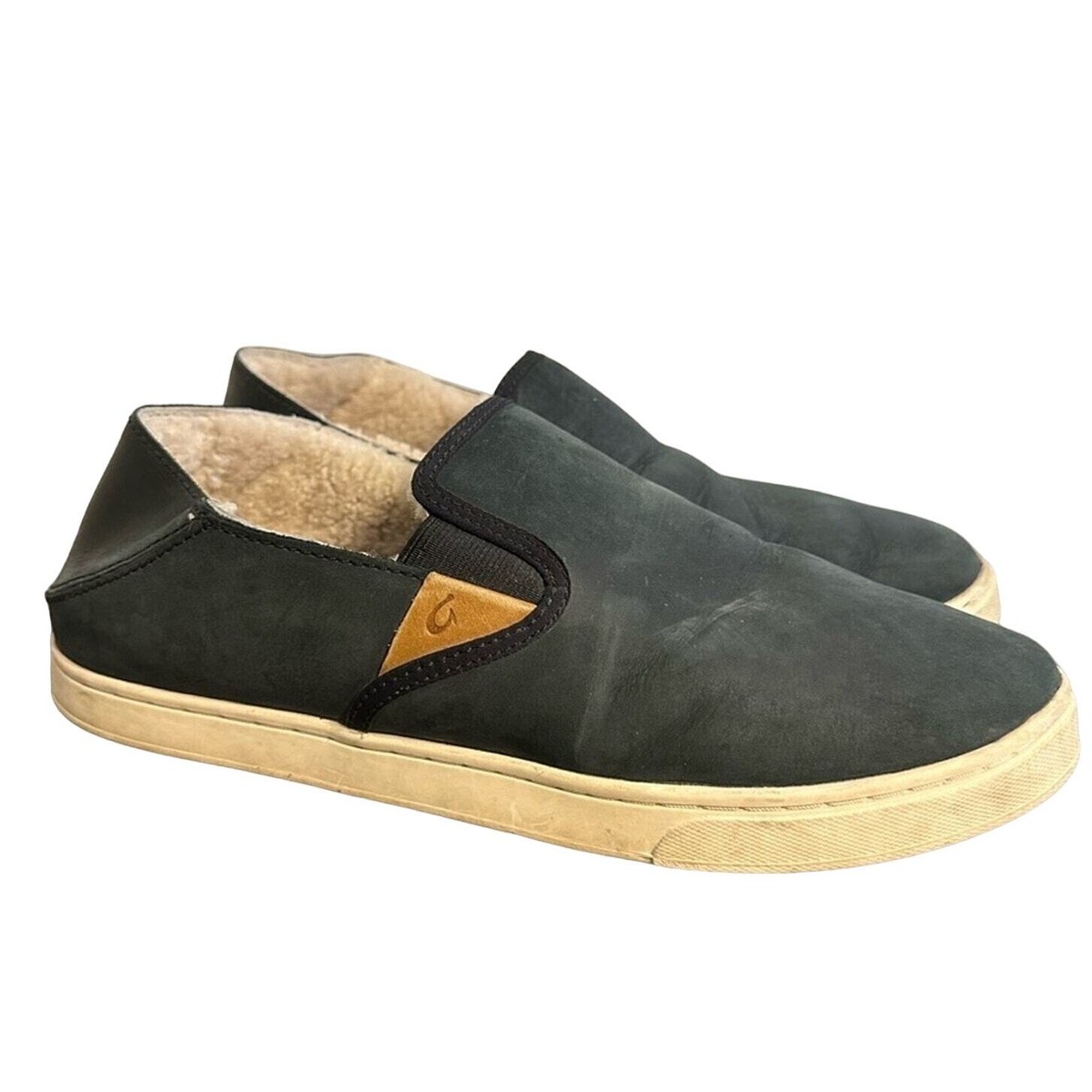 OluKai Women's Pehuea Leather Drop In Heel Slip On Sneakers Black Honu