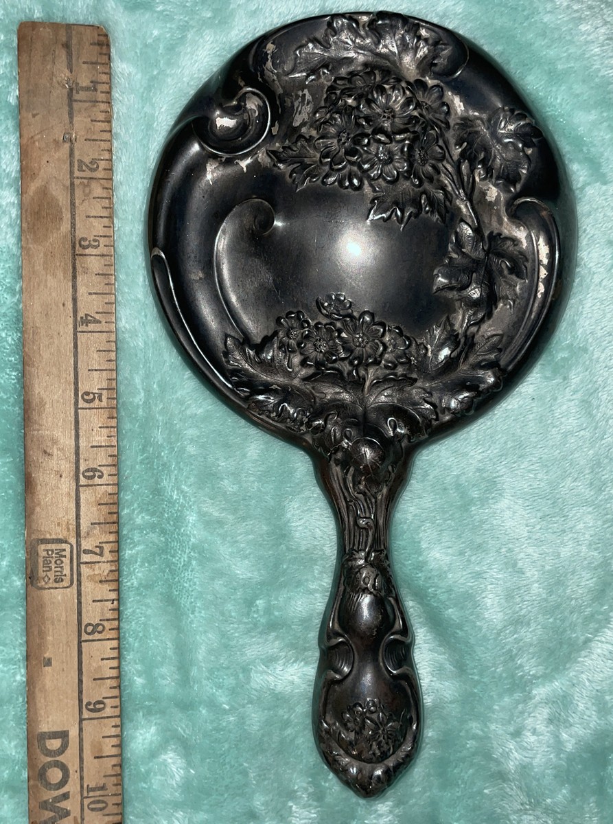 Antique Hope Silver Co Silver Plated Repousse Floral Hand Mirror