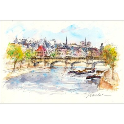 HUCHET Urban - Original Aquarell ''Paris: Notre Dame vista de la Seine'' 30x45cm
