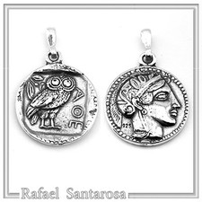 Tetradrachm coin owl pendant, sterling silver oxidized charm, Goddess Athena's
