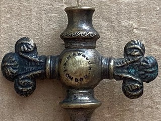 English Champagne tap corkscrew with fleur de lis handle marked Maw & Son London