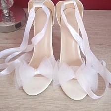 White Bridal Open Toe Lace Up Heels Ankle Wrap Ribbon Tie Tulle Bow M