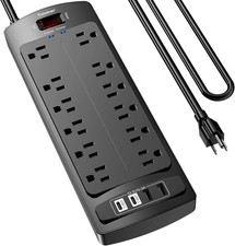 6 Ft Extension Cord Power Strip, Surge Protector with 12 AC Outlets and 4 USB P