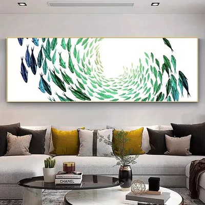 Panoramic Green Gradient Fish School Image Canvas Wall Art Home Decor