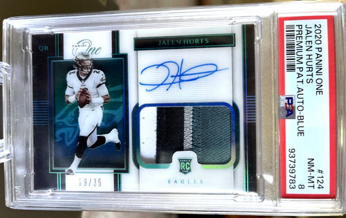 Jalen Hurts 2020 Panini One Football RPA /35  #124 ON CARD AUTO 4 COLOR PSA 8