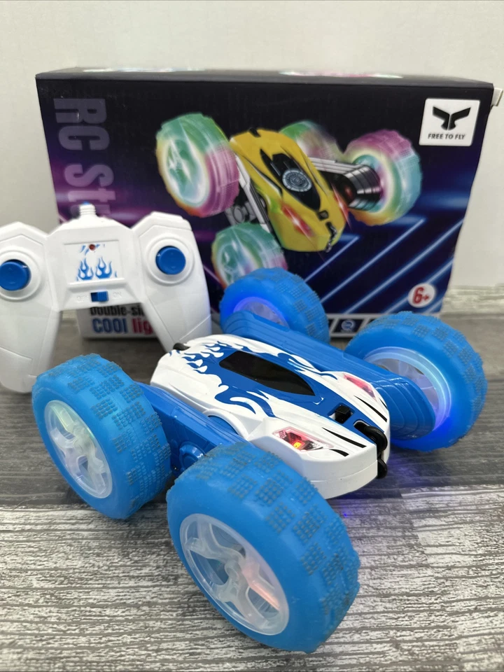 Double-Side Roll Cool Lights RC Stunt Car Blue /White. Car And Remote No Charger - Image 3 of 4