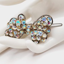 Vintage AB Rhinestone Bow Hair Barrette Clip Gold Tone Filigree Aurora Borealis