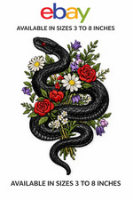 Floral Snake Embroidered Iron-On Patch 3-8in Gothic Tattoo Badge