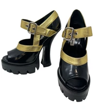 RARE MIU MIU RUNWAY Lug Sole Black Gold Platform Heels Fall 2013 39