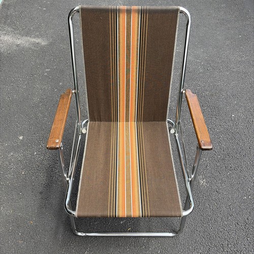 Vintage 1970s Zip Dee Lawn Folding Chair Brown Orange Stripe Airstream Camp