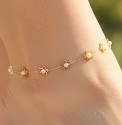 Elegant Gold Color Anklet 18K Gold Plated Minimalist Floral Star Pearl Design