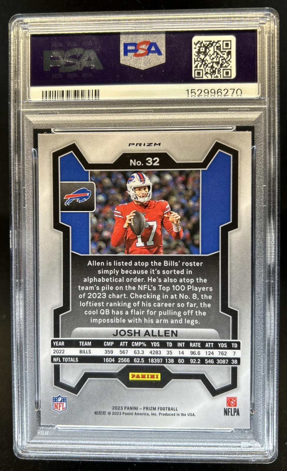 2023 Panini Prizm Josh Allen Red White and Blue #32 Bills PSA 8 view 2