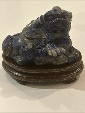 Vtg Chinese Lapis Lazuli Buddhist Lion & Cub On Brass Inlaid Wood Stand