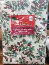 Christmas Vinyl Flannel Backed Tablecloth Berries And Holly 52" X 70" Oblong