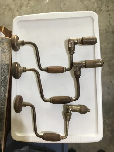 3 Vintage Ratcheting Hand Brace Drill Wood Handle Adjustable