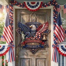 Personalized America 250th Anniversary Wooden Door Hanger, Patriotic Eagle Decor