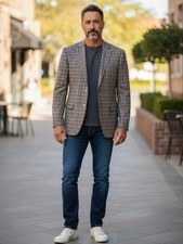 Jos A Bank Wool Sport Coat Windowpane Plaid Blazer Men 46R Brown Tailored Fit