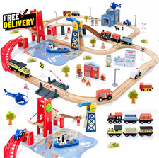 117 Pcs Wooden Train Set Busy Port City Expandable Track Toy for Kids Ages 3  14  