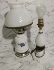 White Hobnail Milk Glass Blue Floral Hurricane Lamp Hand painted VTG Working