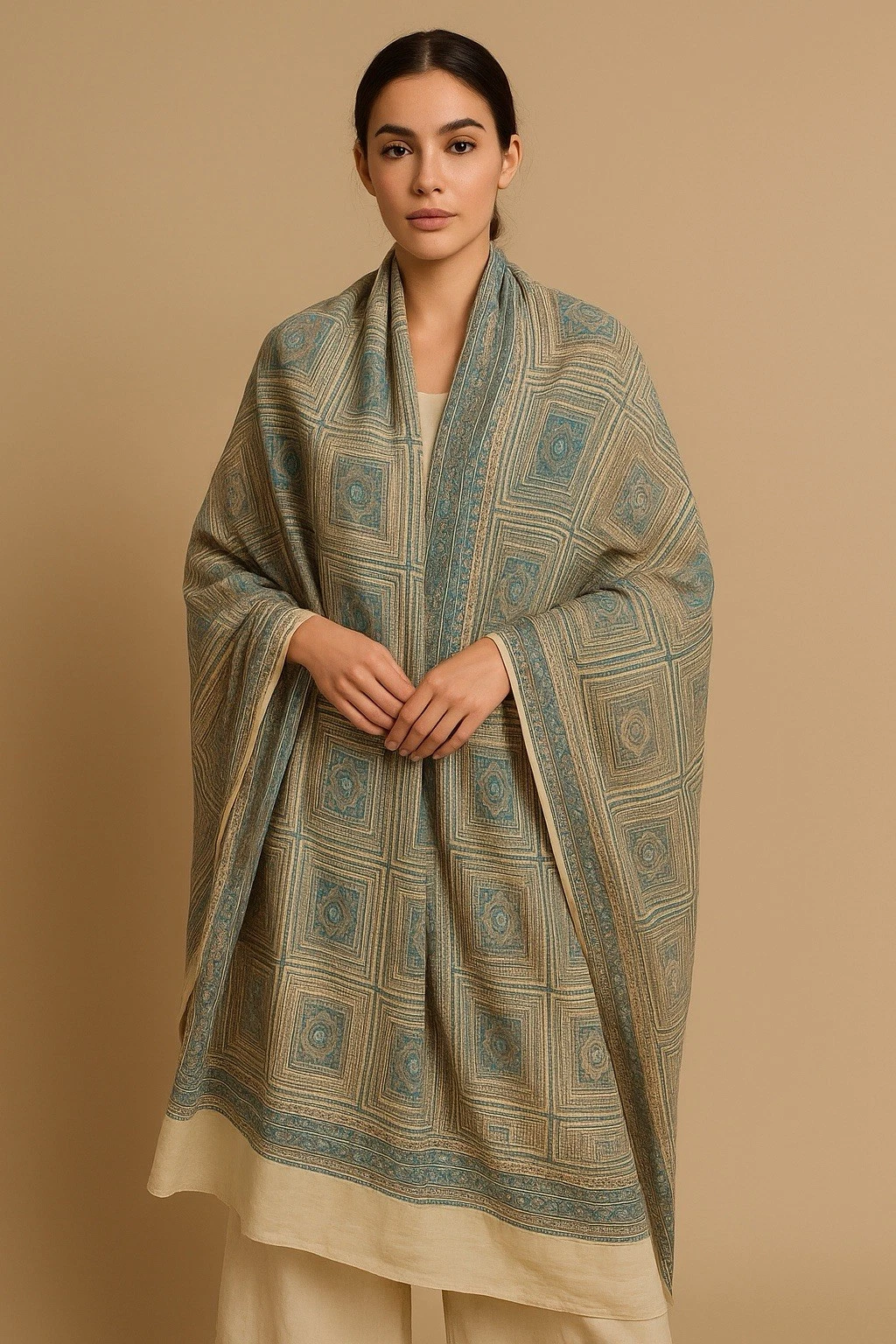 Vintage Sheer Silk Scarf Stole Blue Hand Embellished Block Print Indie XXL OOAK