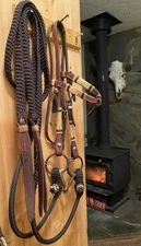 Cowboy Tack DENNIS MORELAND Rawhide Bridle Vintage Snaffle & Braided Split Reins