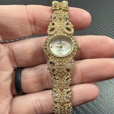Croton Quartz Watch 18k Gold Plated Rhinestone Crystal Encrusted Need Battery L2