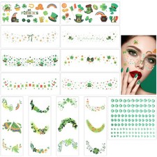 12 Sheets St Patricks Day Temporary Face Tattoos with Green Gem Stickers, Sha...
