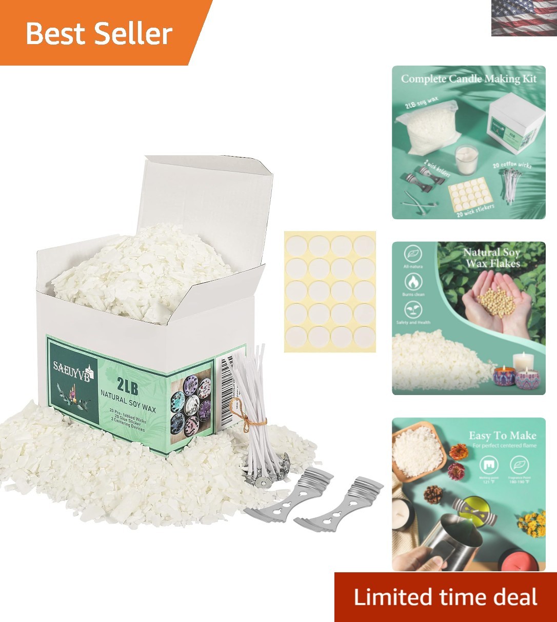 Sustainable 2 lbs Soy Wax Candle Making Kit with Wicks & Centering Devices