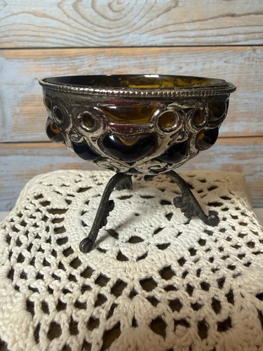 VTG Ornate Filigree Amber Glass Footed Salt Cellar Silver Plated Cast Victorian