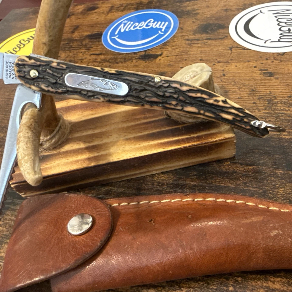 Vintage Schrade Walden Fish Knife Circa 1946-73 2 BLd. Staglon with sheath - Image 3 of 4