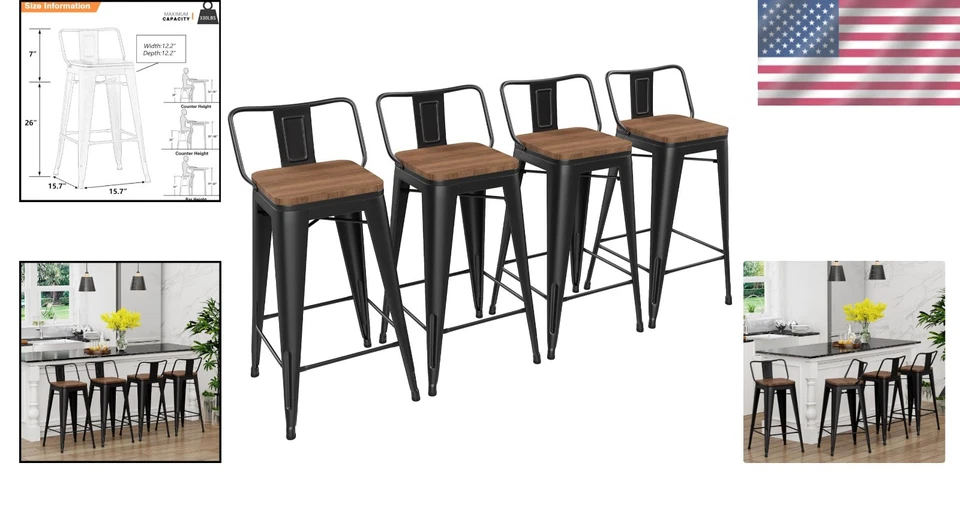 Elegant 26-Inch Kitchen Bar Stools Set of 4 with Stackable Design - Black Finish - Image 2 of 4
