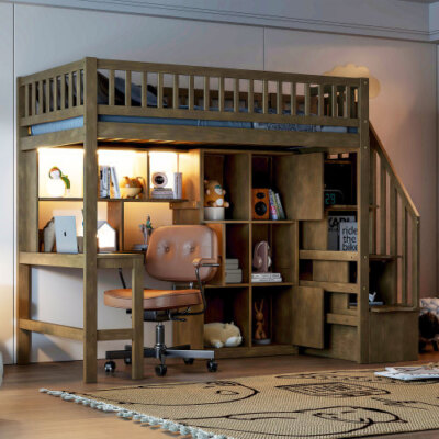 Wood Loft Bed with Desk Staircases Storage Shelves and LED Twin Size Bed Frames