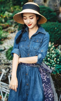 Womens Vintage Denim Floral Aline Long Sleeve Gown Casual