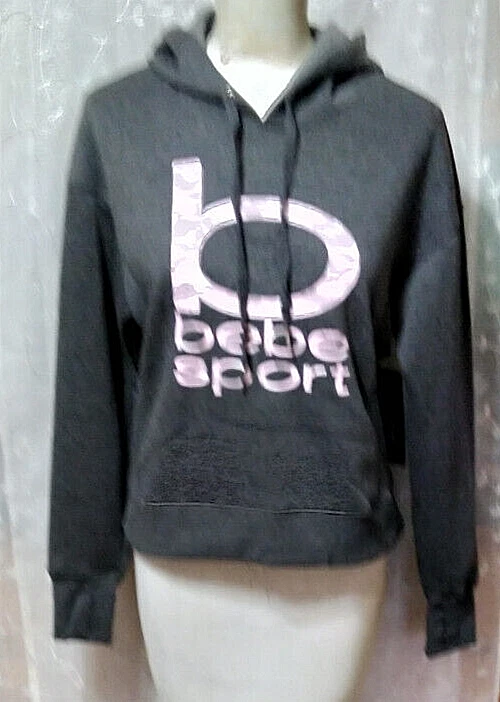New BEBE SPORT Size Medium Hoodie Camo Logo Charcoal/Pink Long Sleeves