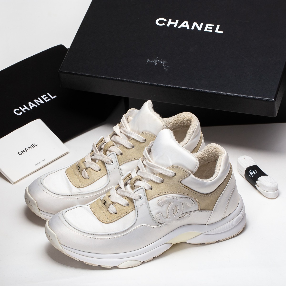 CHANEL Women Sneakers White Nylon CC Logo Low Top Lace Up